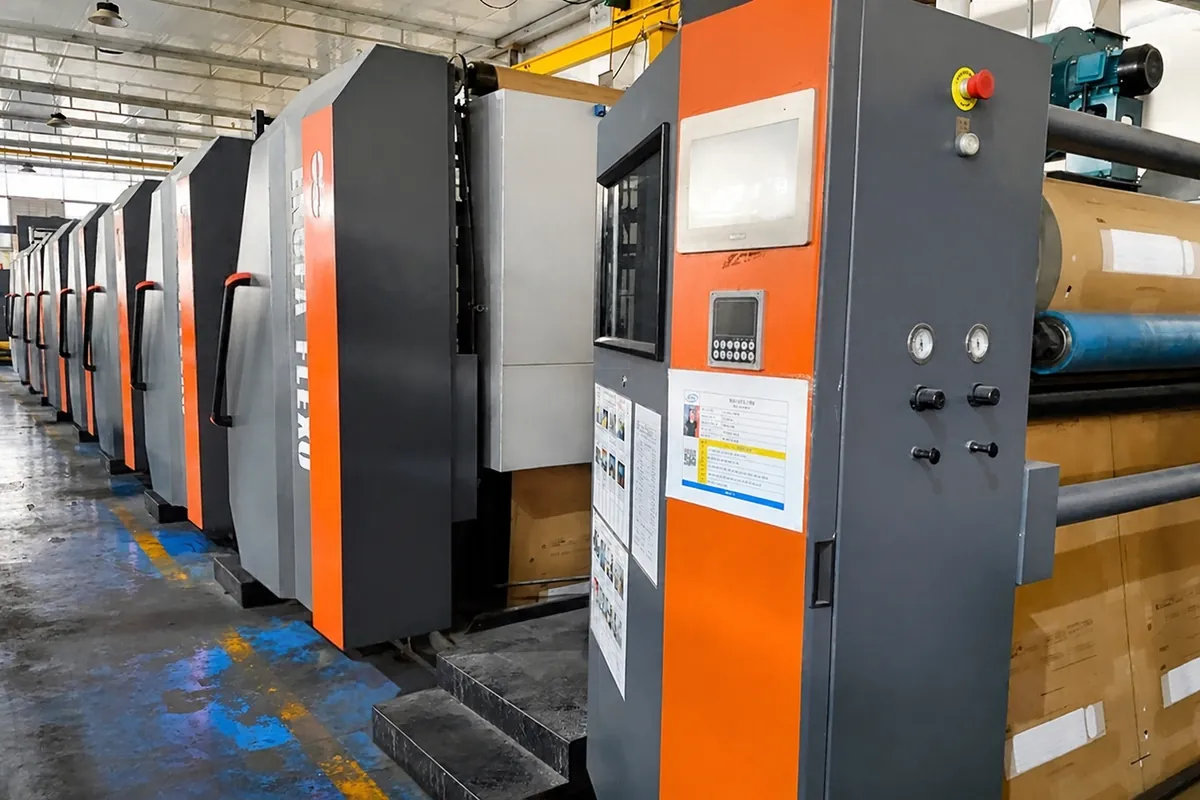 Dãy máy in flexo khổ cuộn tại nhà máy bao bì carton sóng 17 dây chuyền